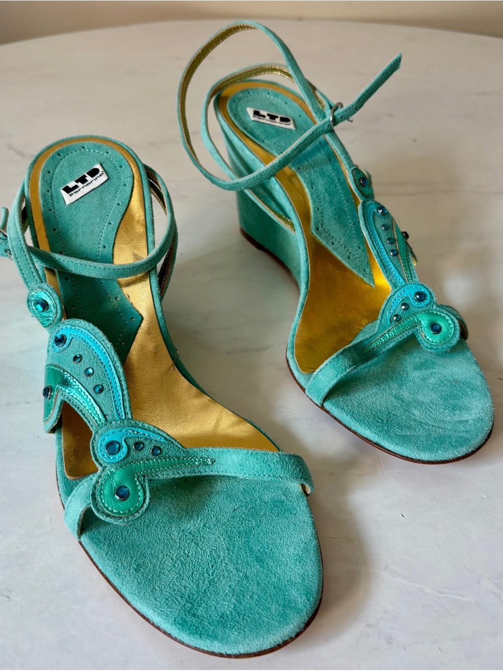 LTD Turquoise Suede Slingback Wedge Sandal - Picture 2 of 3